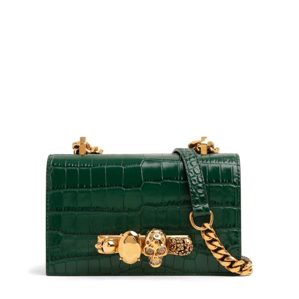 Alexander McQueen Green Croc Embossed Leather Skull Ring Shoulder Bag